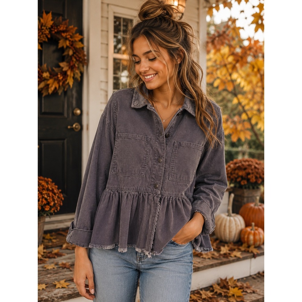 Mud Pie Gray Corduroy Peplum Shacket Ruffle Raw Hem Jacket Womens Small